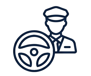 Icon of a professional driver with a cap behind a steering wheel